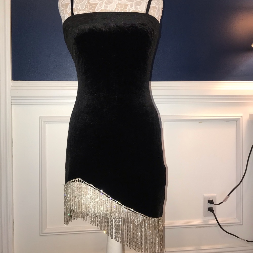 Black Velvet Dress with Beaded Fringe